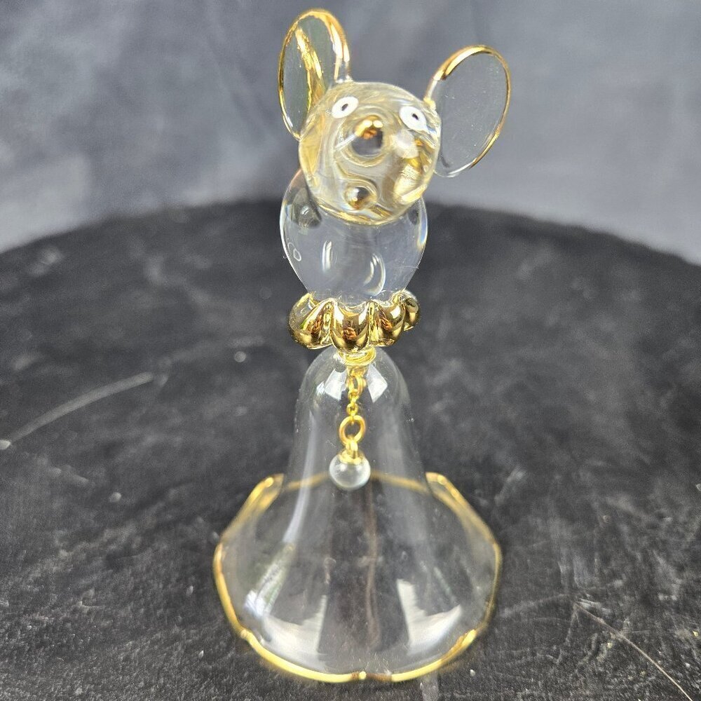 Vintage Mouse Bell Clear Hand Blown Glass Gold Accents Tulip Shaped Bell